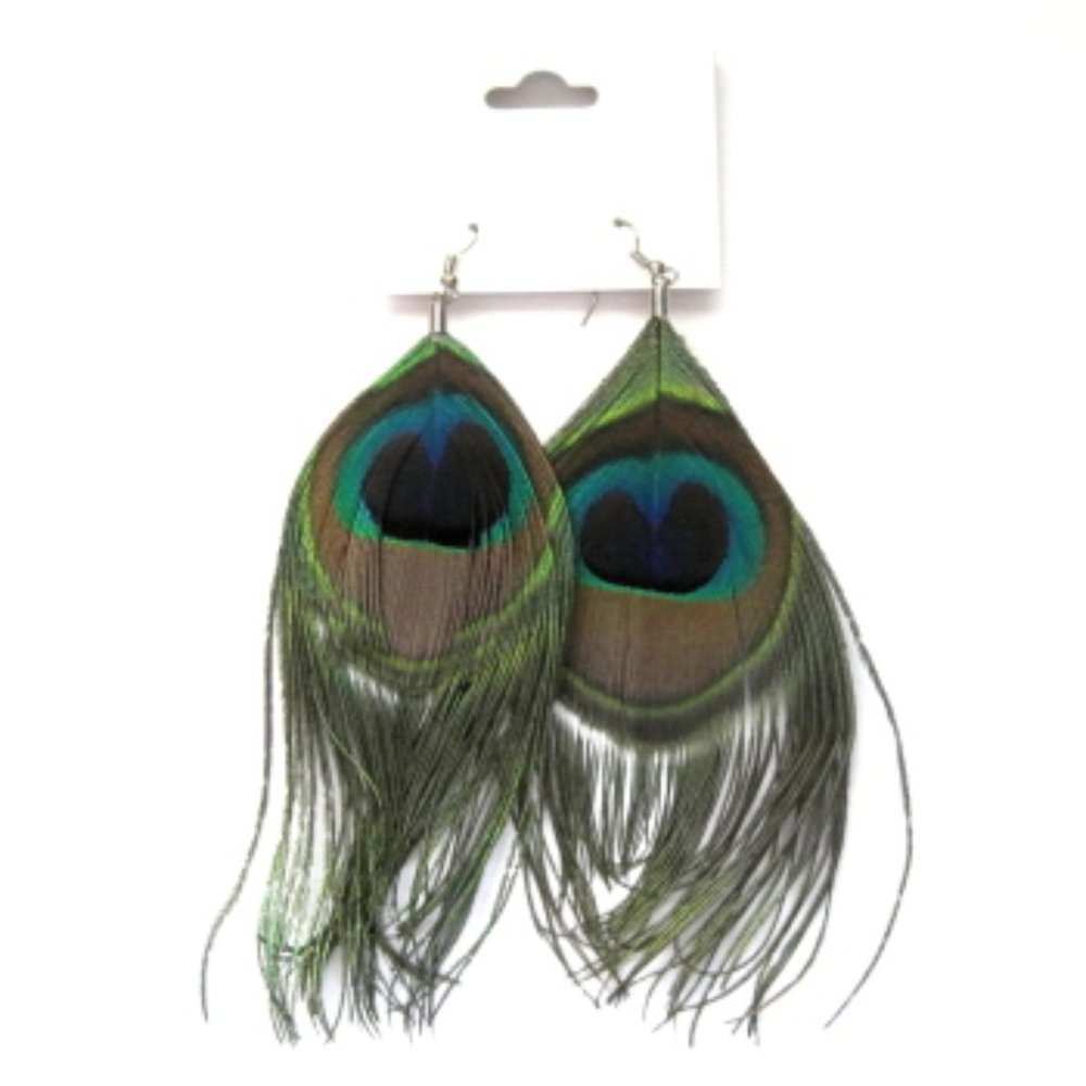 Long Peacock Feather Boho Dangle Earrings